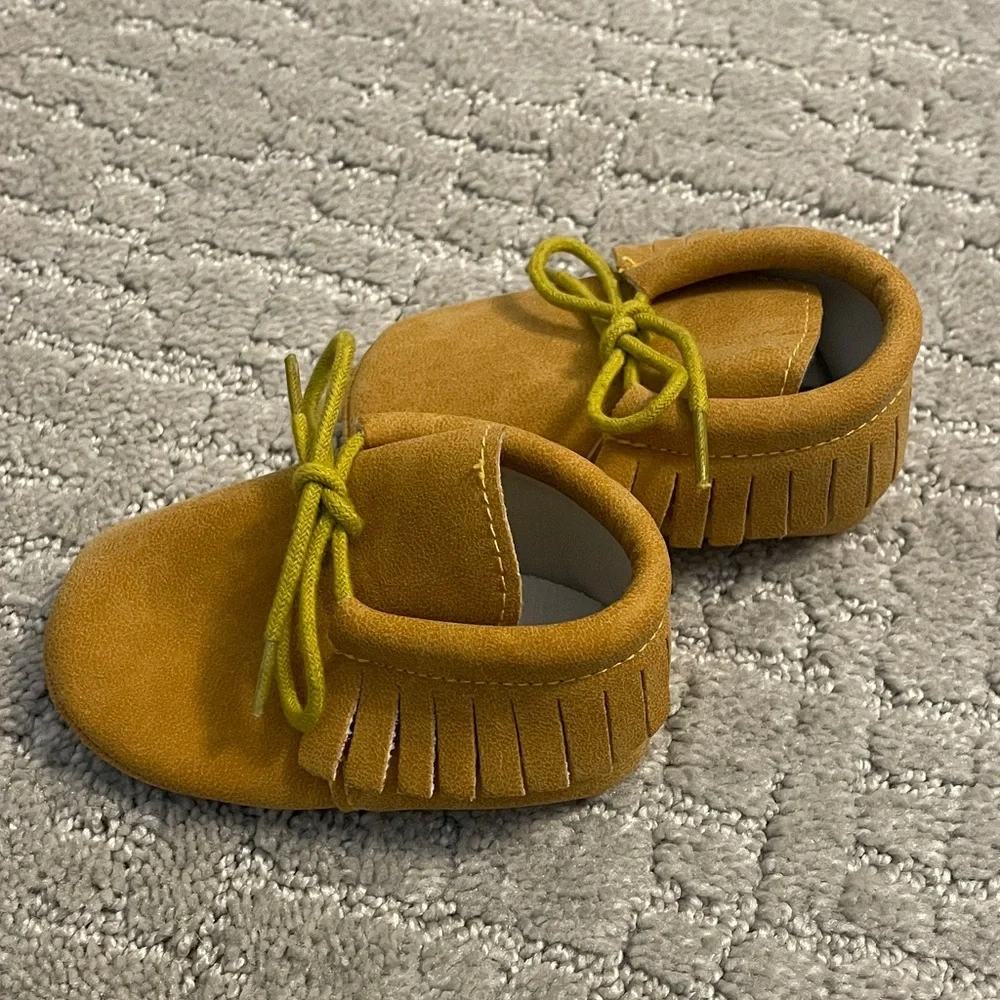 Tan Moccasin Baby Shoes with Green Laces